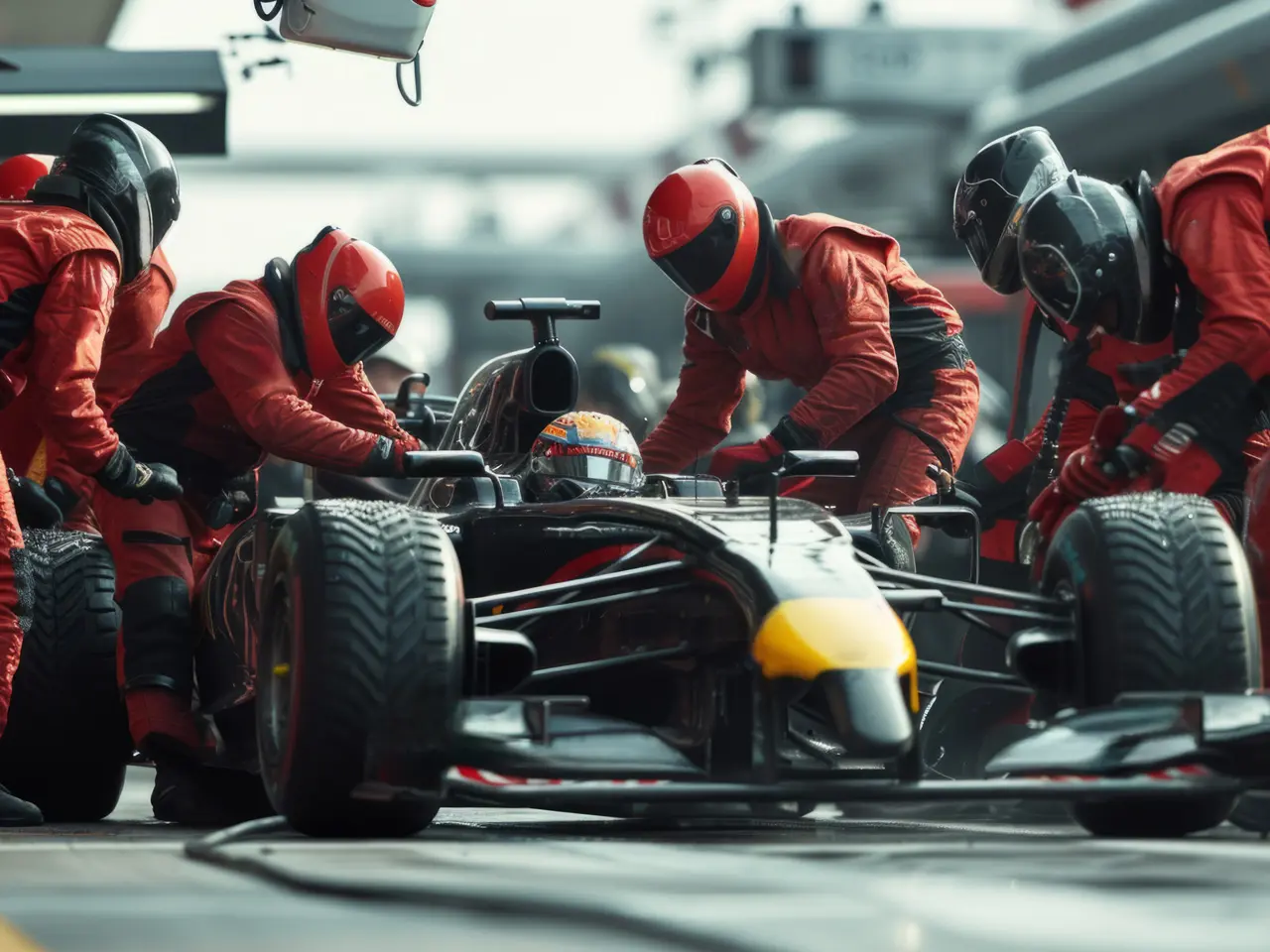 Pit crew performing a high-precision pit stop on a race car, metaphor for EPM implementation and technical configuration