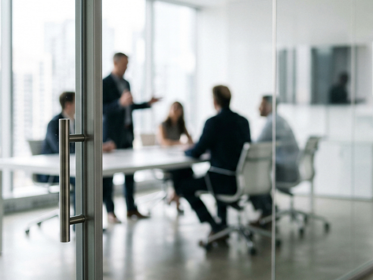 Corporate team meeting viewed through glass doors, representing Phase X post-implementation EPM platform optimization