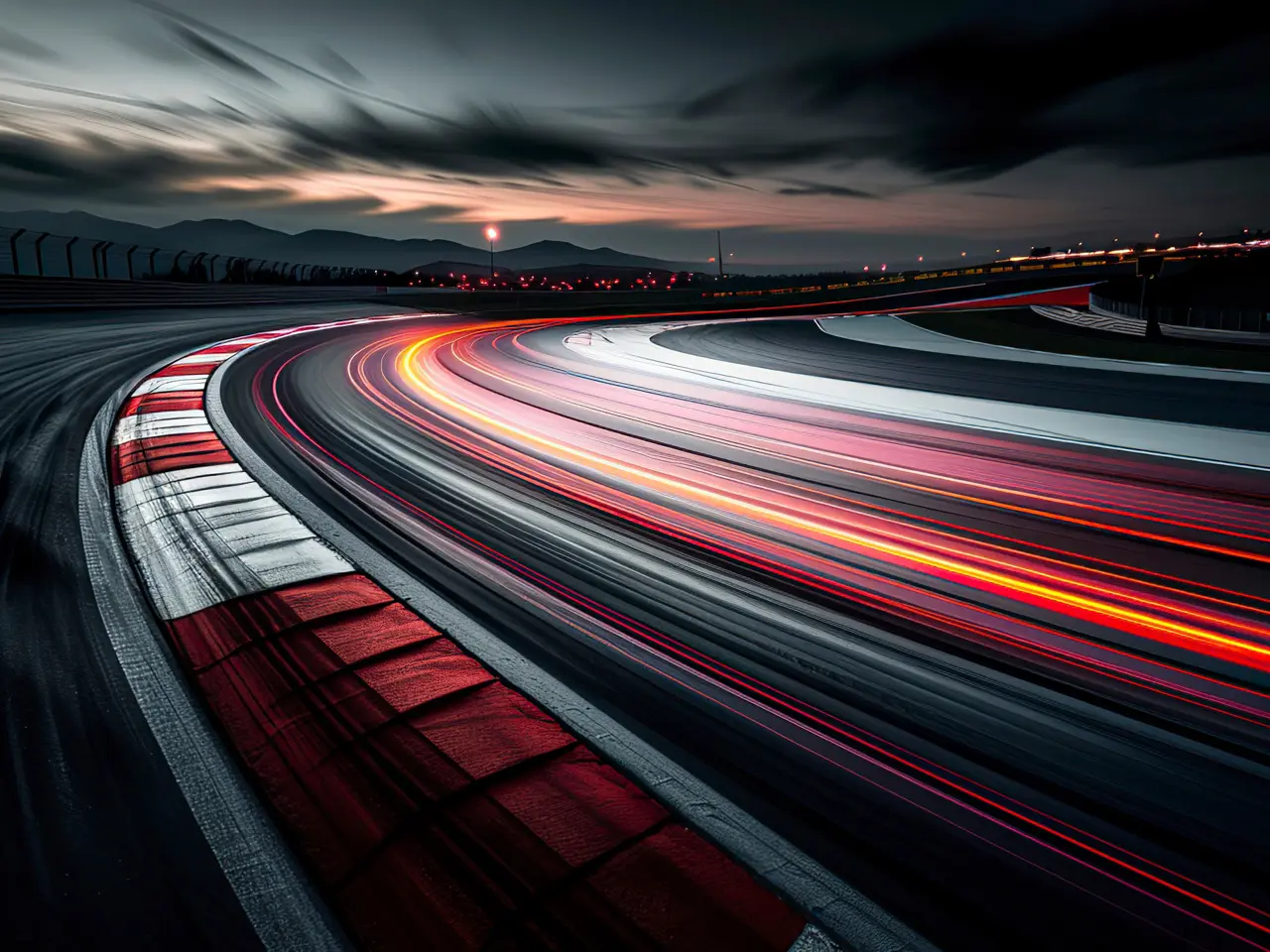 Racetrack corner with light trails, representing navigation through potential EPM programme risks with an EPM Risk Blueprint assessment