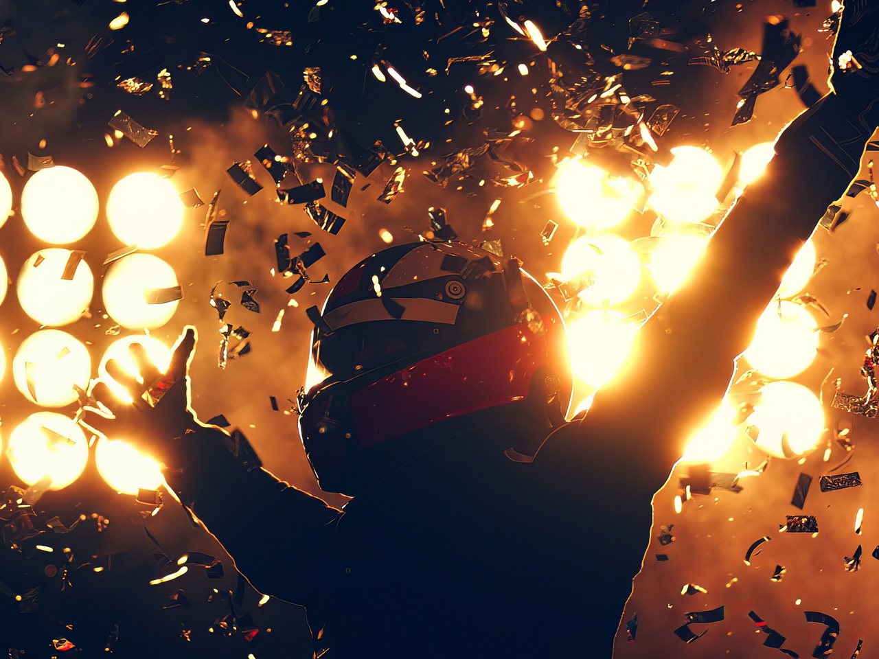 Race driver celebrating under stage lights and confetti, representing successful Pigment and Workday Adaptive platform transformation